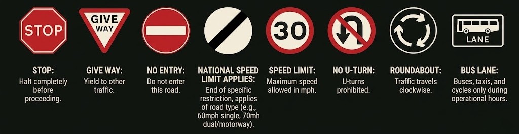 Common UK road signs: stop, give way, no entry, national speed limit, speed limit, no U-turn, roundabout and bus lane