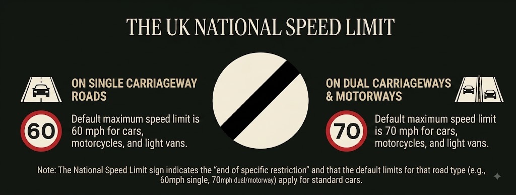 The UK National Speed Limit sign: 60 mph on single carriageways, 70 mph on dual carriageways and motorways